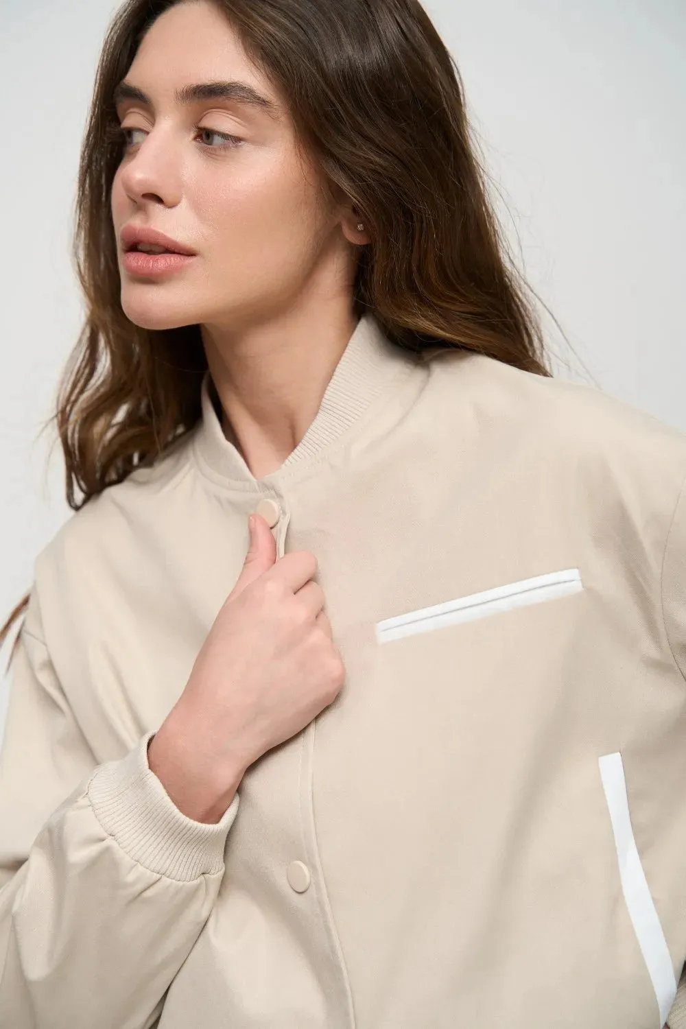 Beige Cropped Bomber Jacket with Pockets