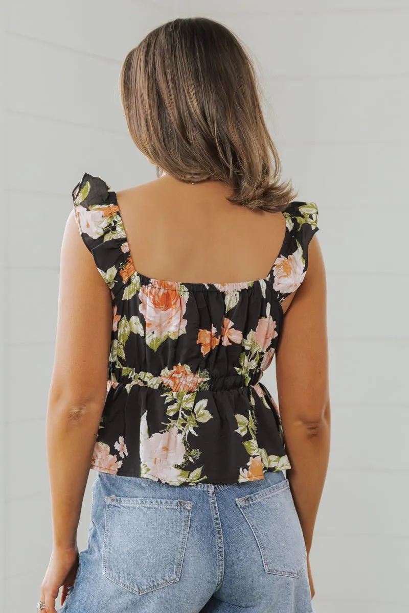 Black Floral Print Babydoll Top - FINAL SALE