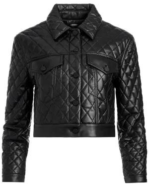 Black Vegan Leather Chloe Quilted Crop Jacket