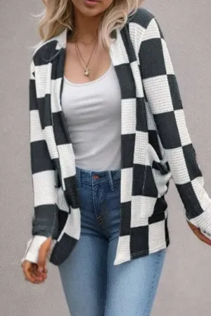 Checkered Waffle Knit Cardigan with Thumbhole Design