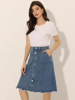 Denim Raw Hem Button Down Midi Jeans Skirt