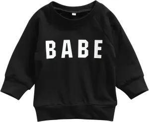 Kids Infant Baby Boy Girls Clothes Babe Letter Printed Long Sleeve Pullover Sweatshirt Shirt Sweater Tops