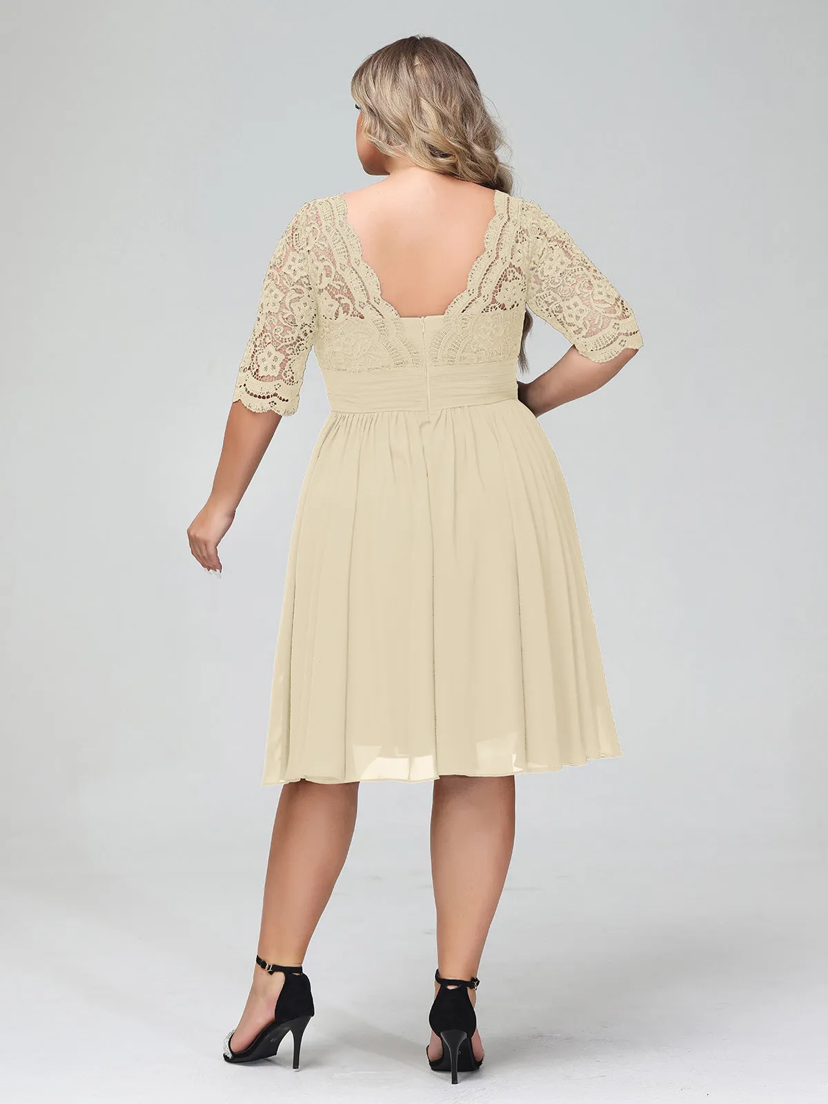 Lace and Chiffon Short Dress with Half Sleeves Champagne