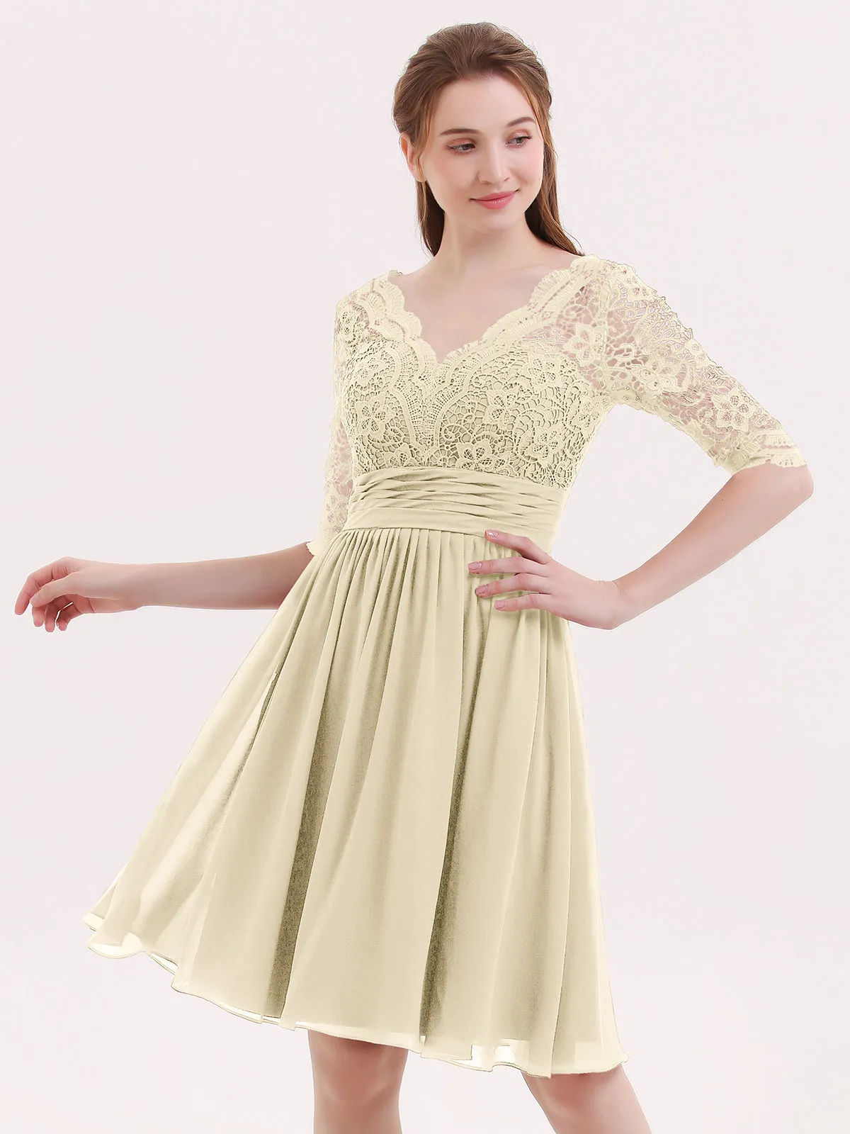 Lace and Chiffon Short Dress with Half Sleeves Champagne