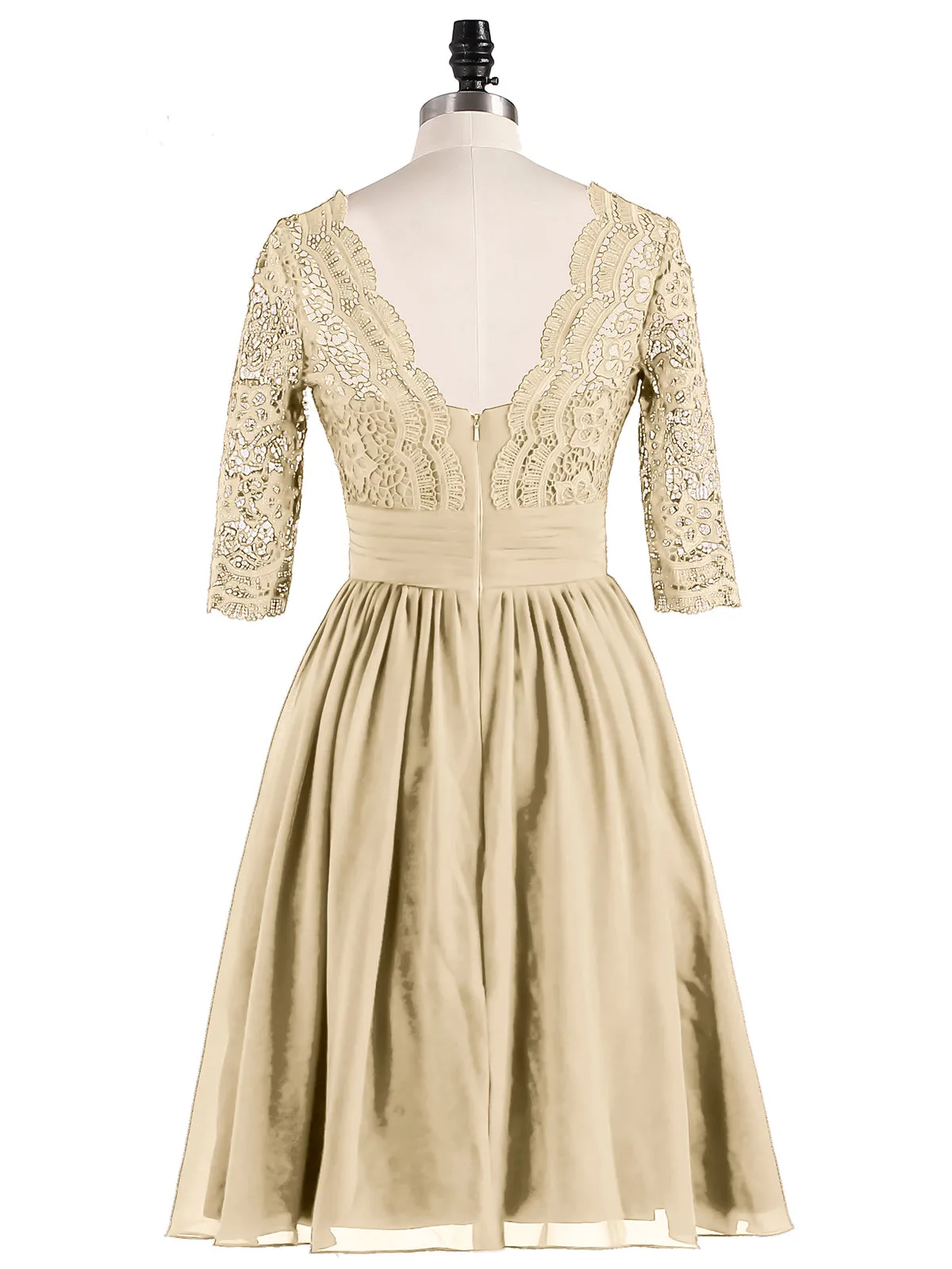 Lace and Chiffon Short Dress with Half Sleeves Champagne