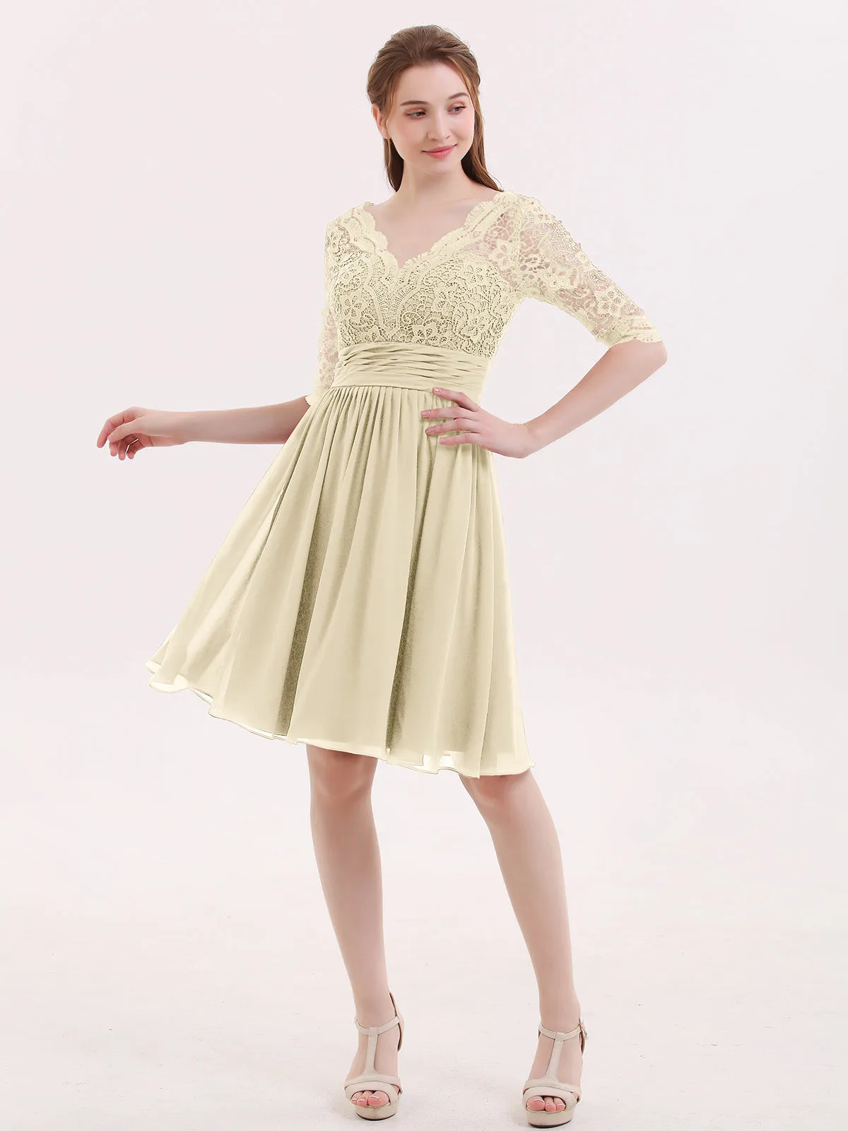 Lace and Chiffon Short Dress with Half Sleeves Champagne