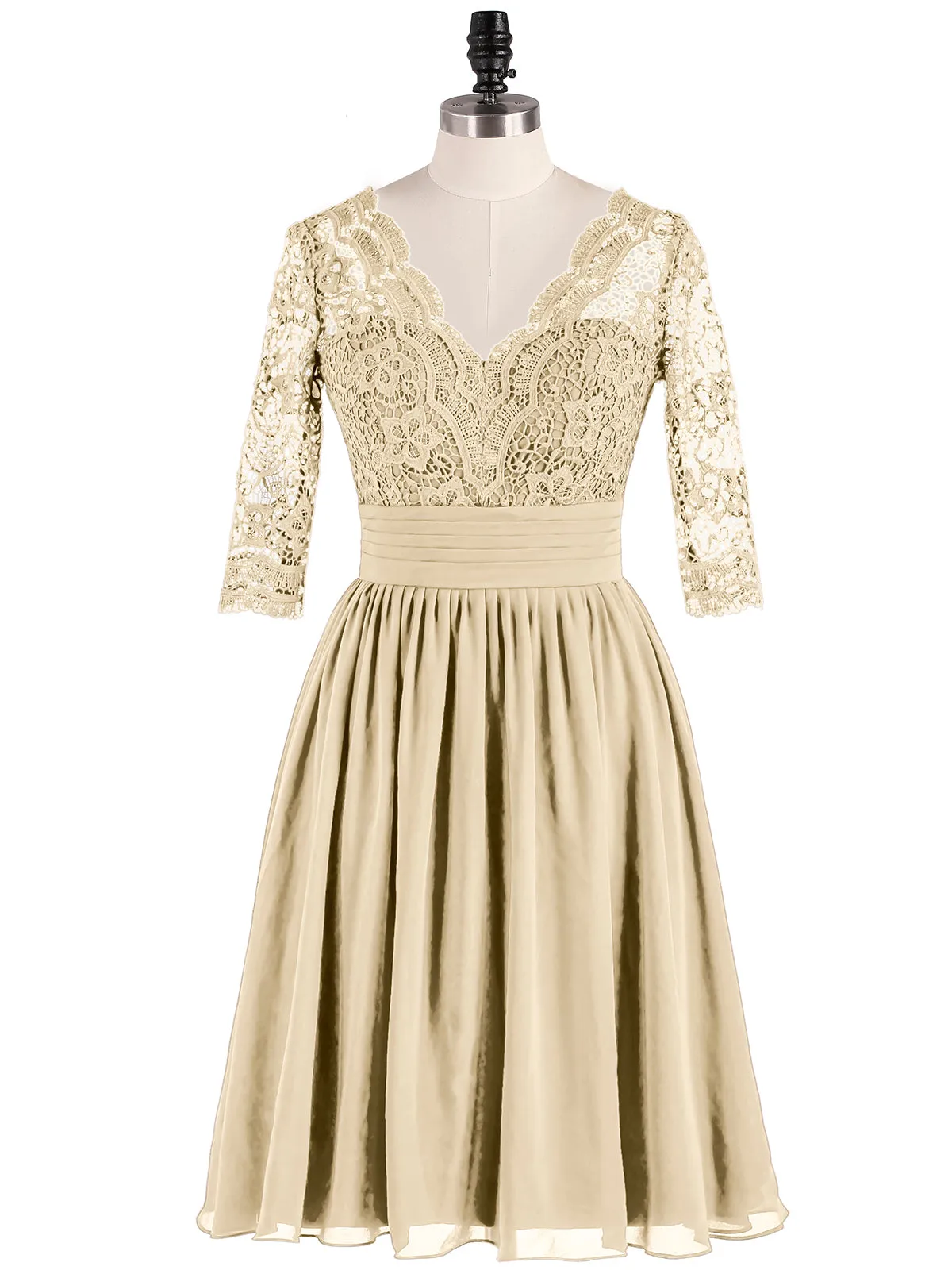 Lace and Chiffon Short Dress with Half Sleeves Champagne