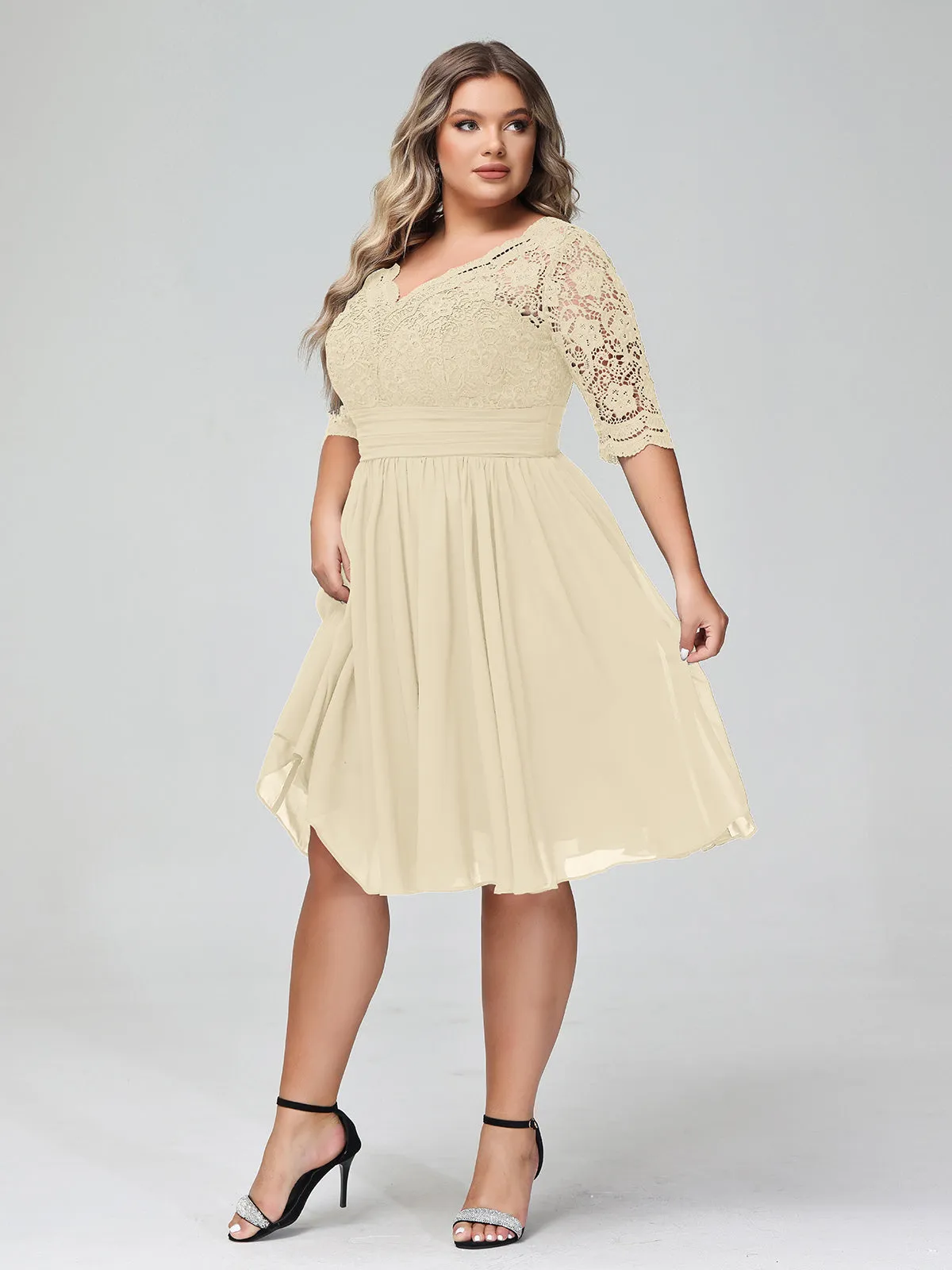 Lace and Chiffon Short Dress with Half Sleeves Champagne