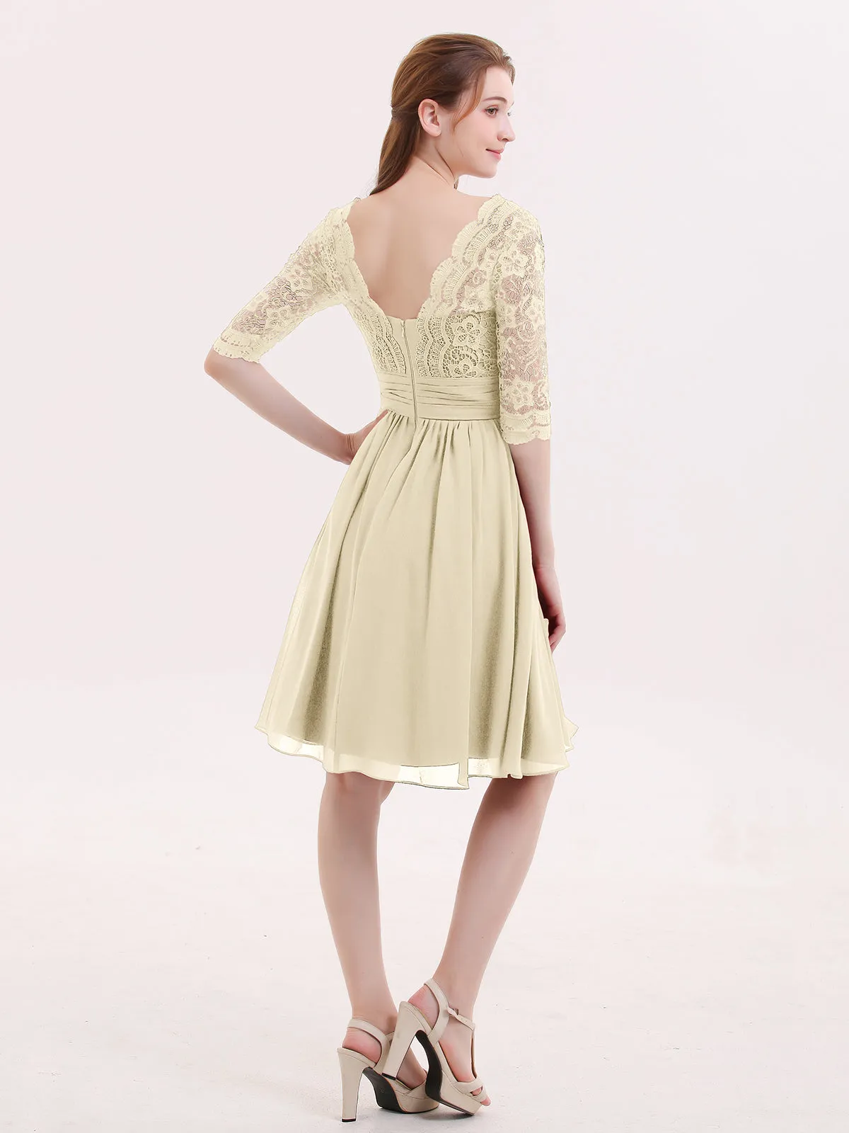 Lace and Chiffon Short Dress with Half Sleeves Champagne