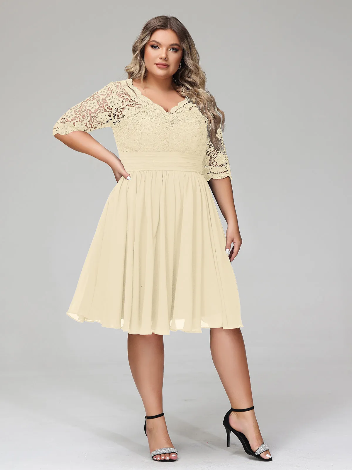 Lace and Chiffon Short Dress with Half Sleeves Champagne