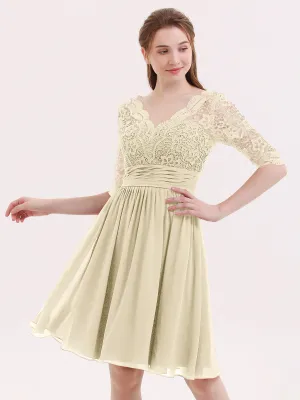 Lace and Chiffon Short Dress with Half Sleeves Champagne