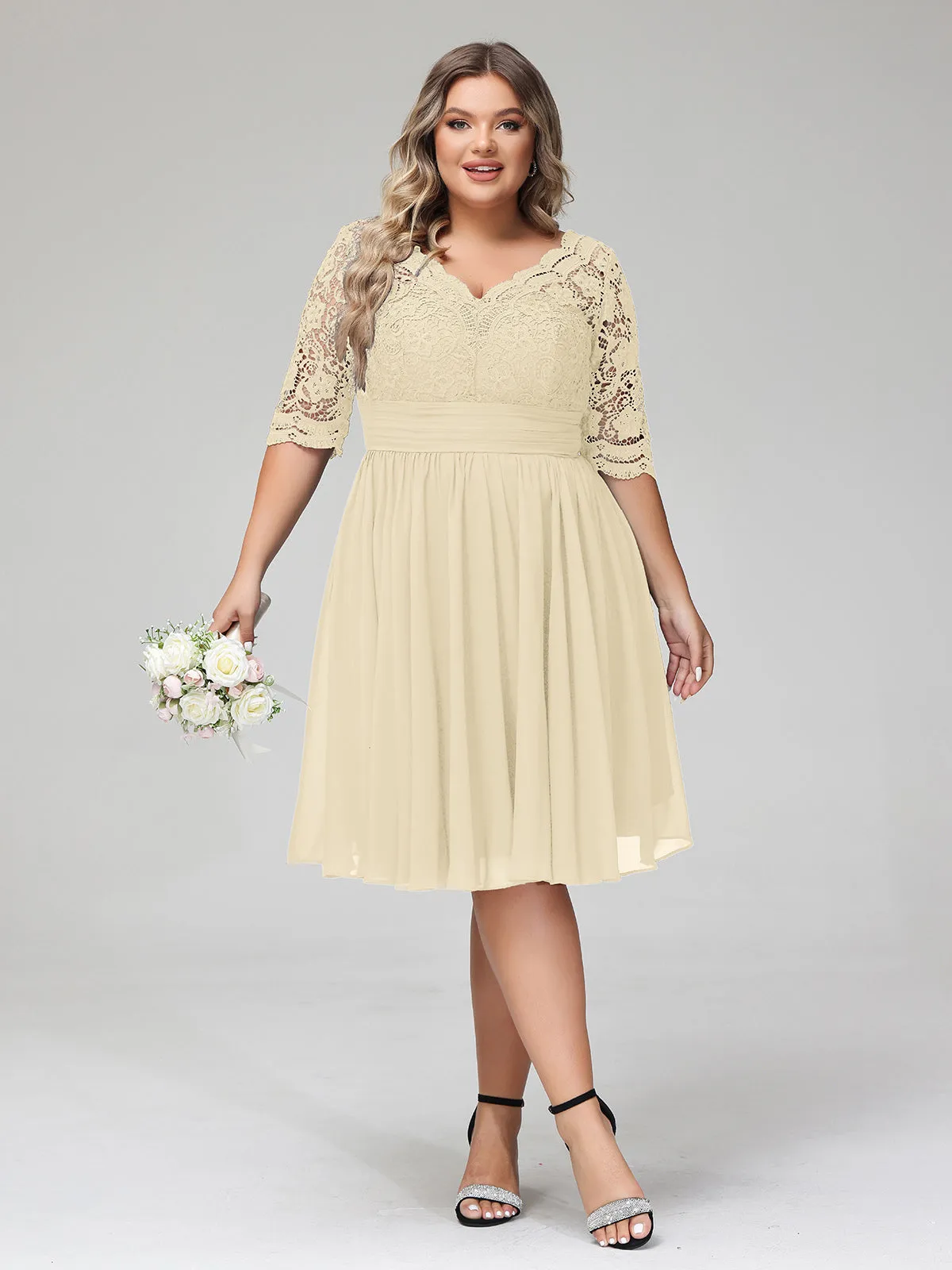 Lace and Chiffon Short Dress with Half Sleeves Champagne