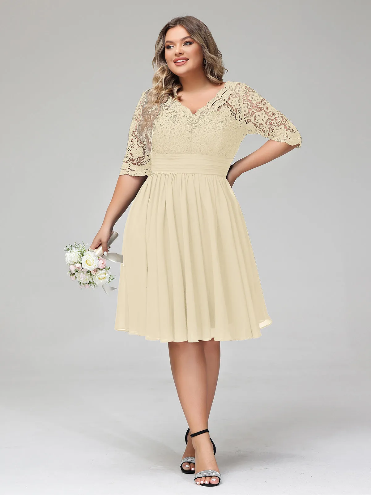 Lace and Chiffon Short Dress with Half Sleeves Champagne