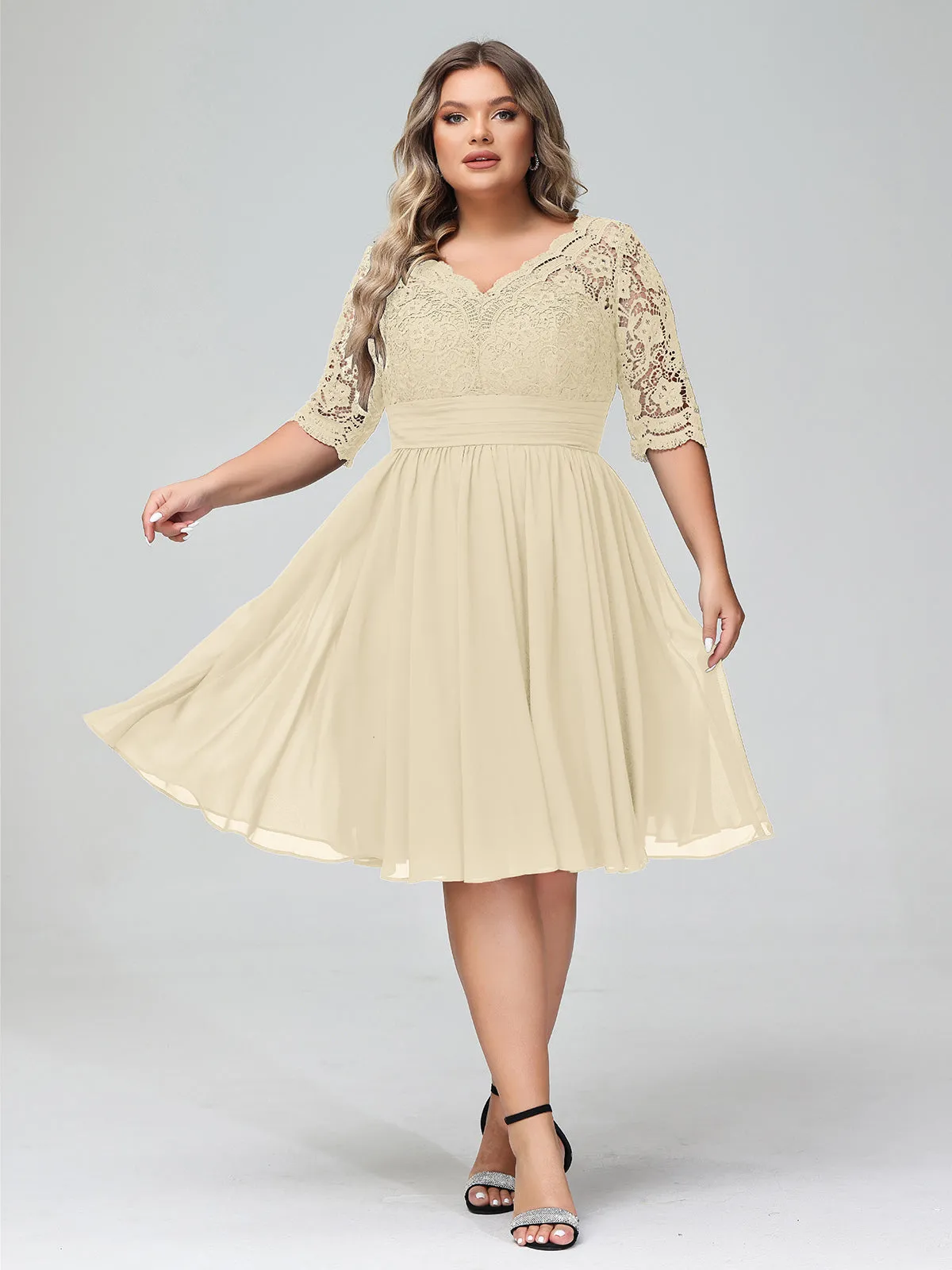 Lace and Chiffon Short Dress with Half Sleeves Champagne