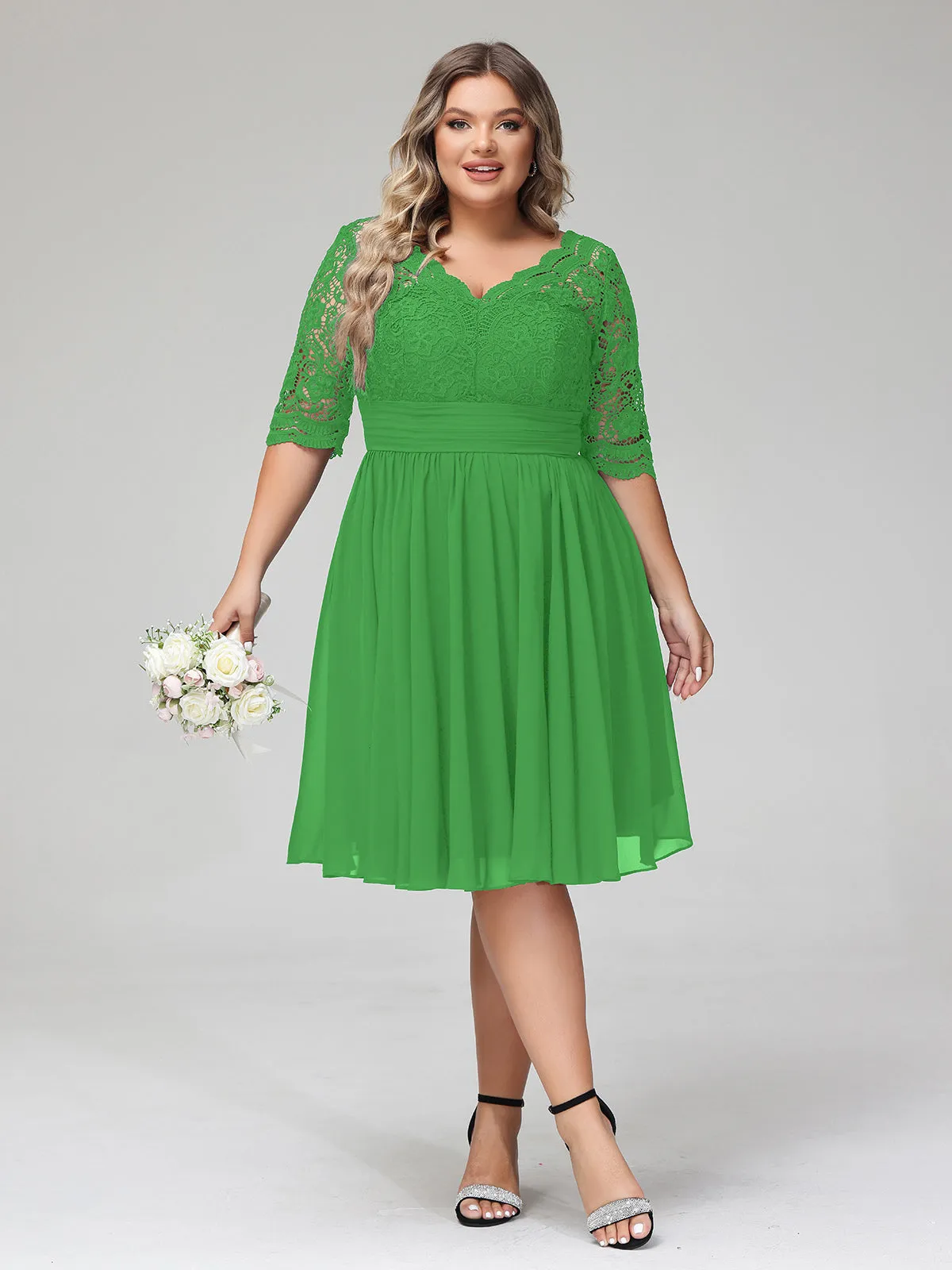 Lace and Chiffon Short Dress with Half Sleeves Green