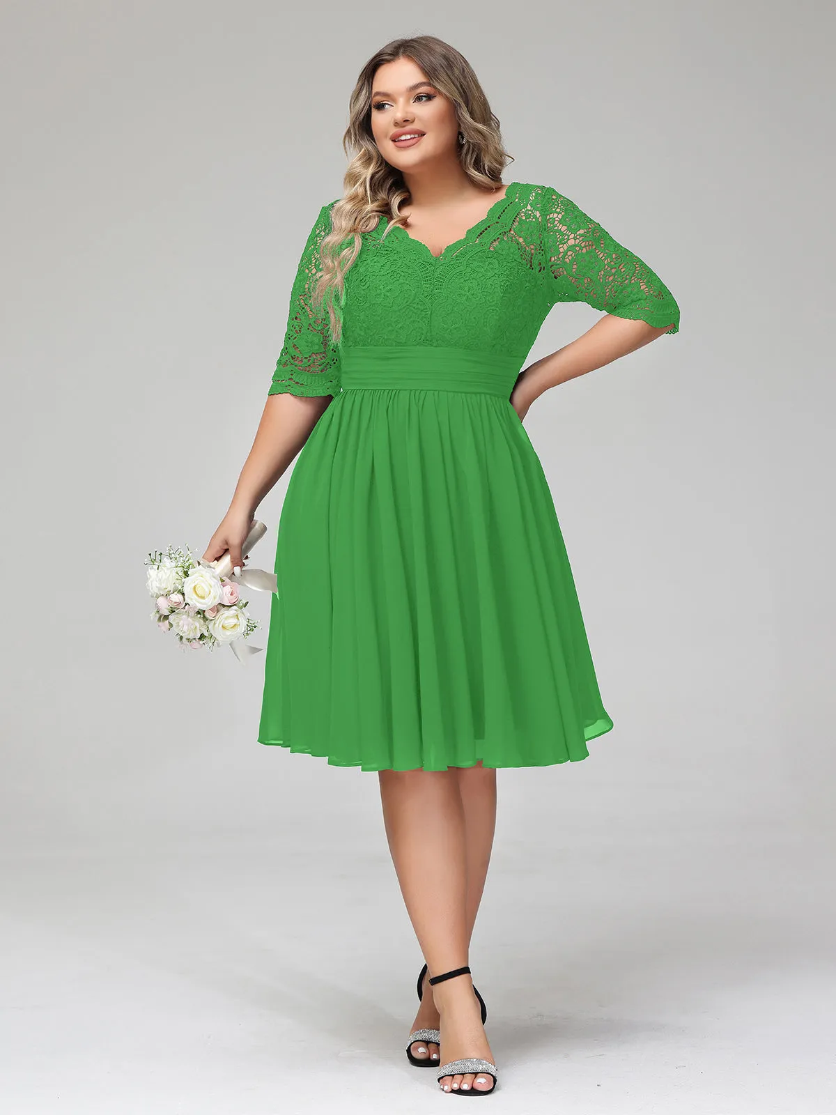 Lace and Chiffon Short Dress with Half Sleeves Green