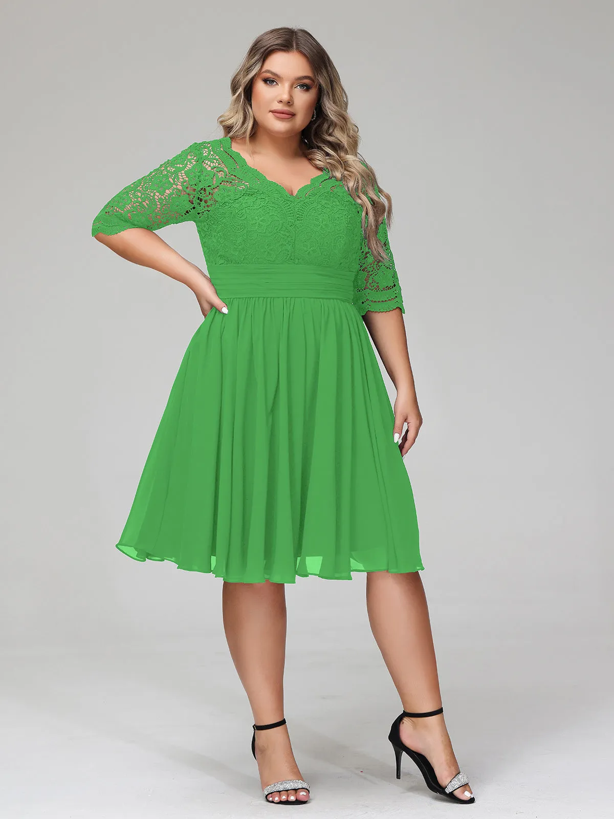 Lace and Chiffon Short Dress with Half Sleeves Green