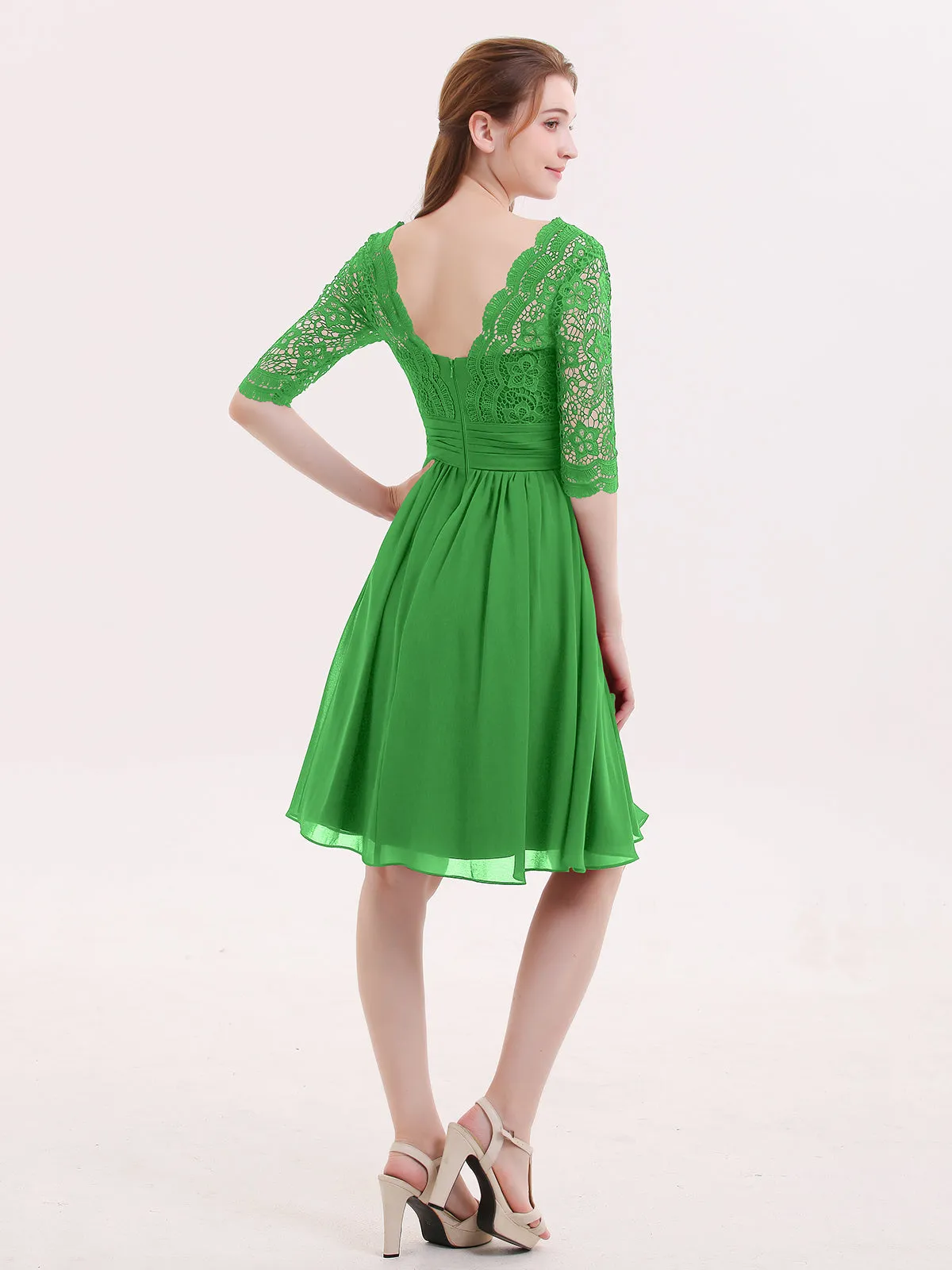 Lace and Chiffon Short Dress with Half Sleeves Green