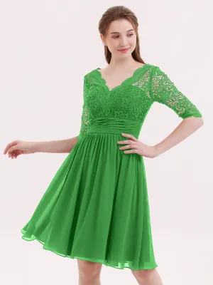 Lace and Chiffon Short Dress with Half Sleeves Green