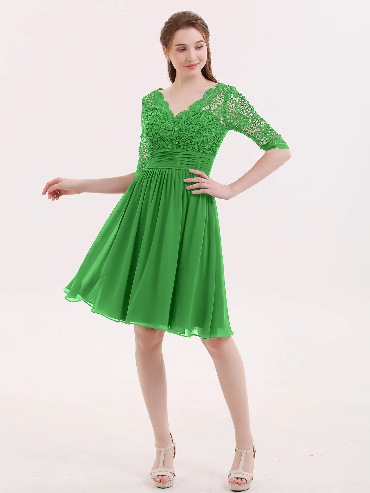 Lace and Chiffon Short Dress with Half Sleeves Green