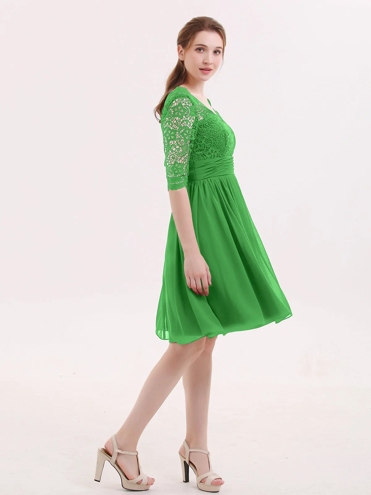 Lace and Chiffon Short Dress with Half Sleeves Green