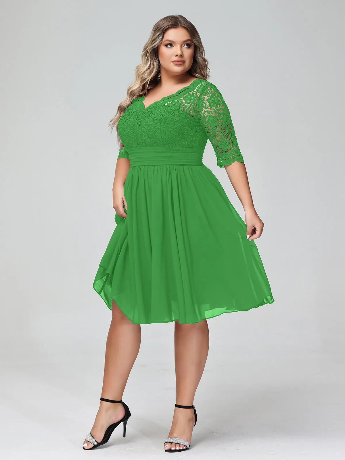 Lace and Chiffon Short Dress with Half Sleeves Green