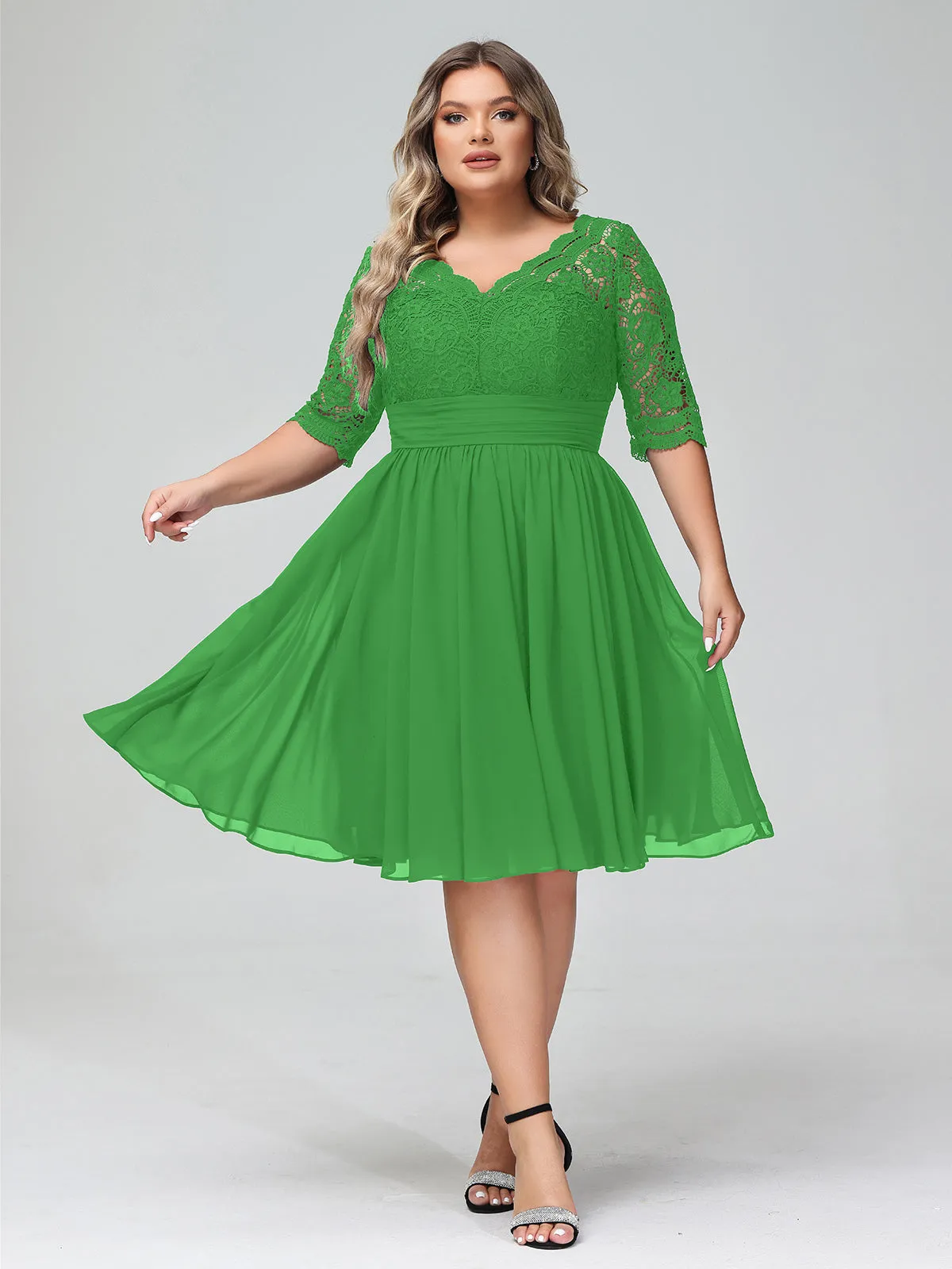 Lace and Chiffon Short Dress with Half Sleeves Green