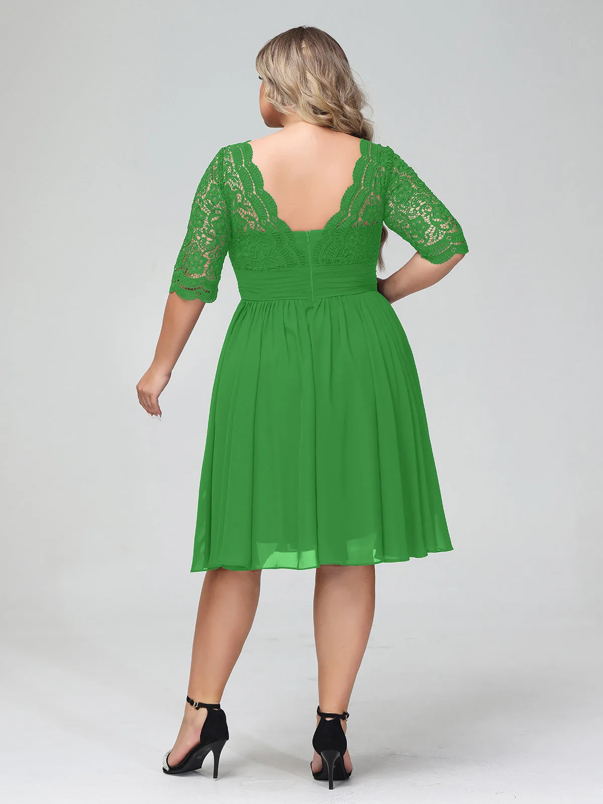 Lace and Chiffon Short Dress with Half Sleeves Green