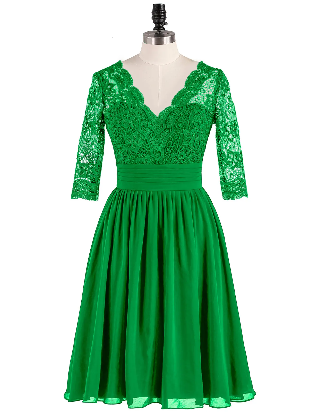 Lace and Chiffon Short Dress with Half Sleeves Green