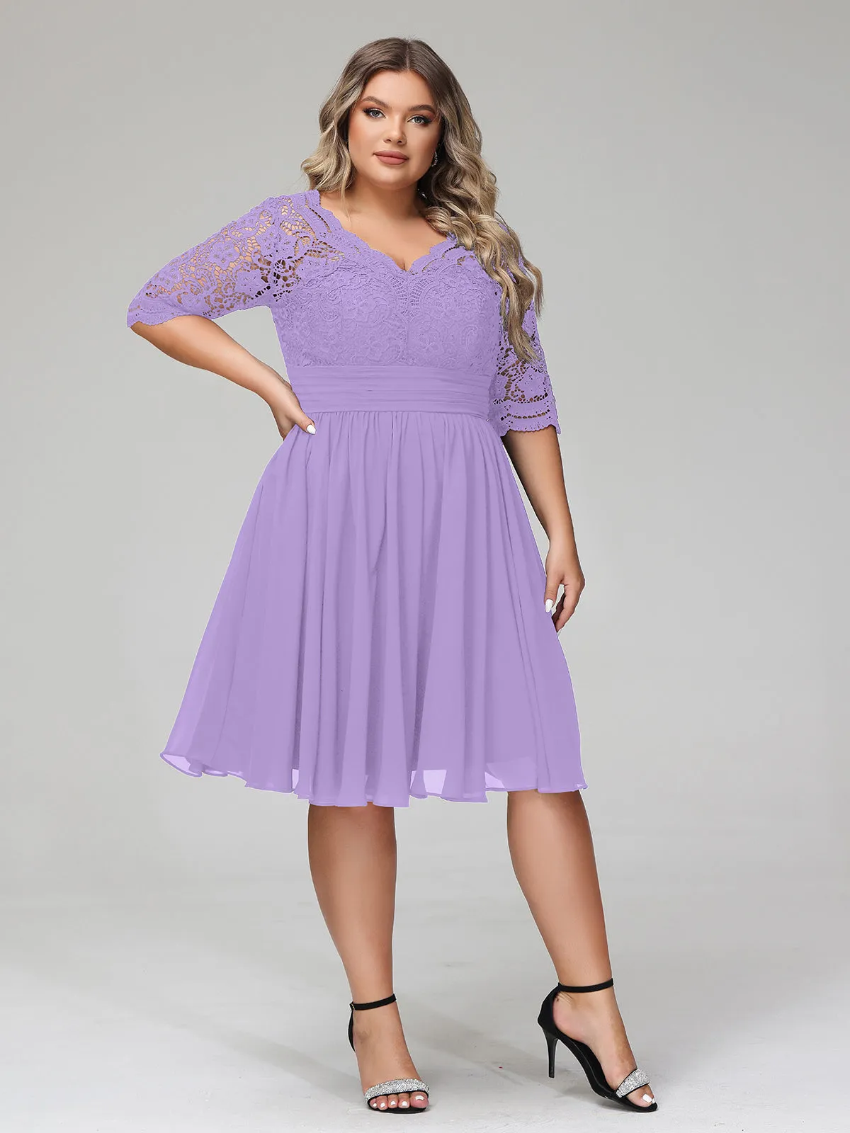 Lace and Chiffon Short Dress with Half Sleeves Tahiti