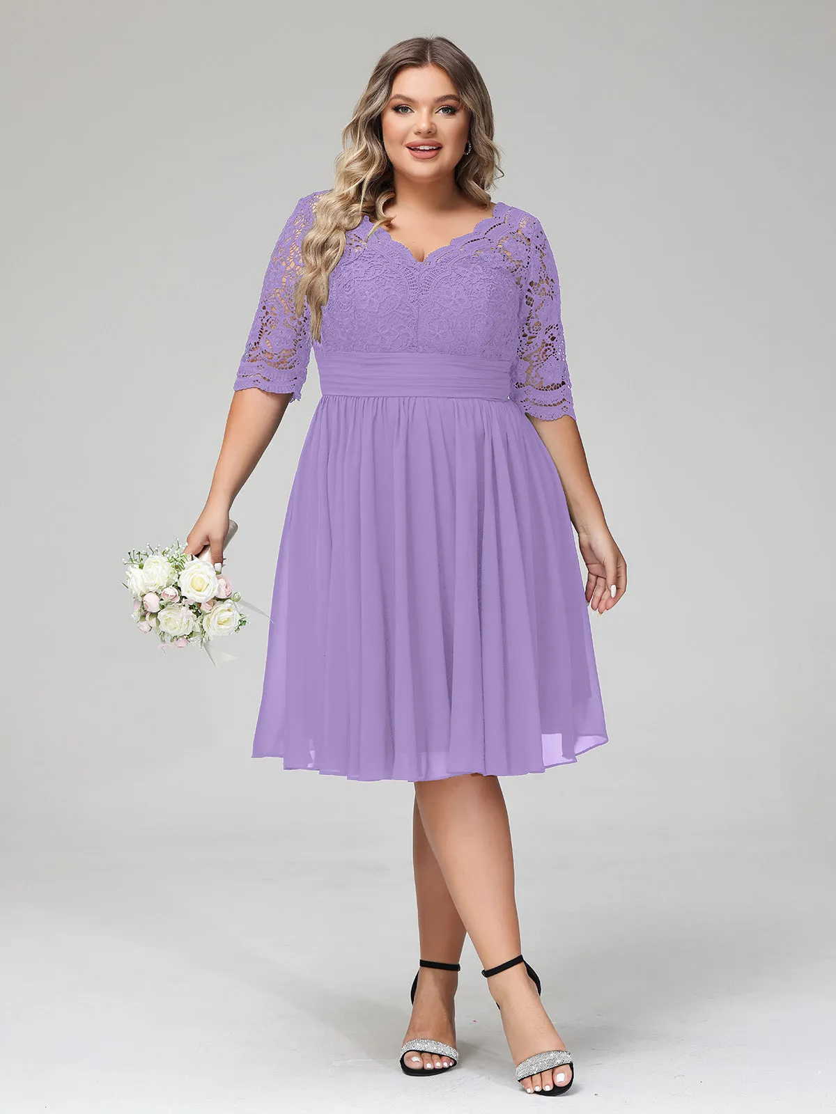 Lace and Chiffon Short Dress with Half Sleeves Tahiti