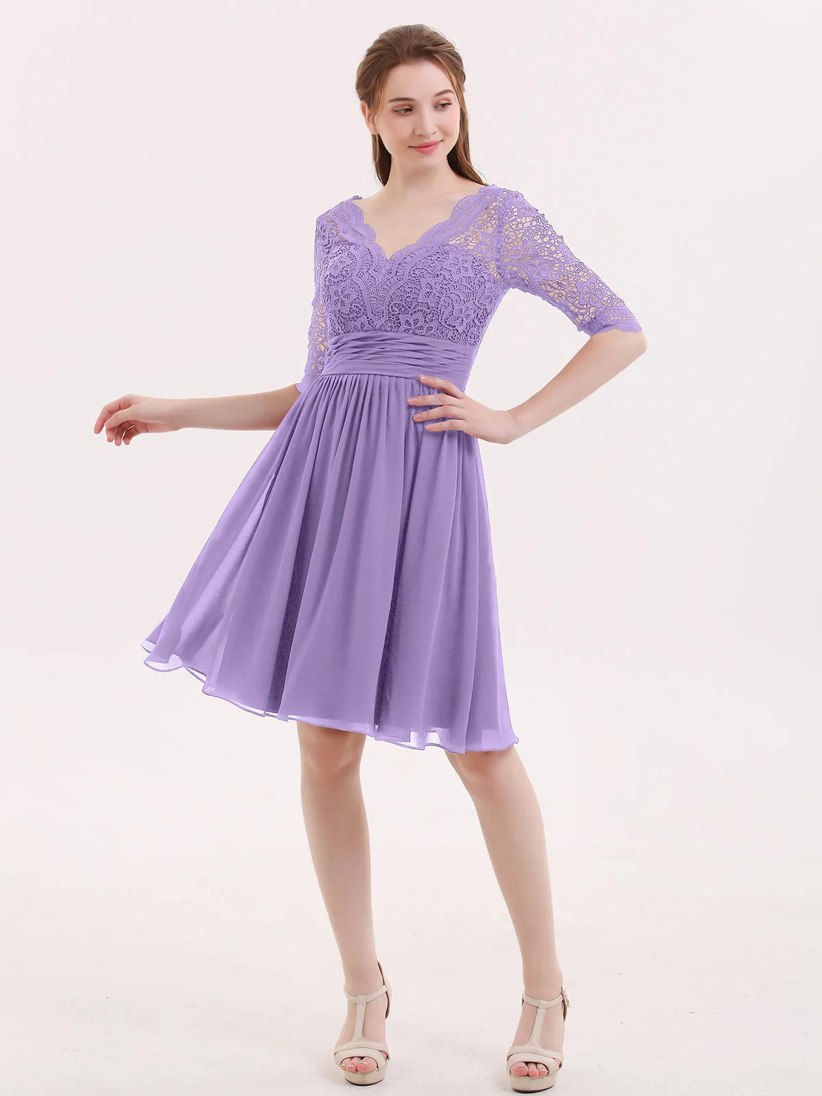 Lace and Chiffon Short Dress with Half Sleeves Tahiti