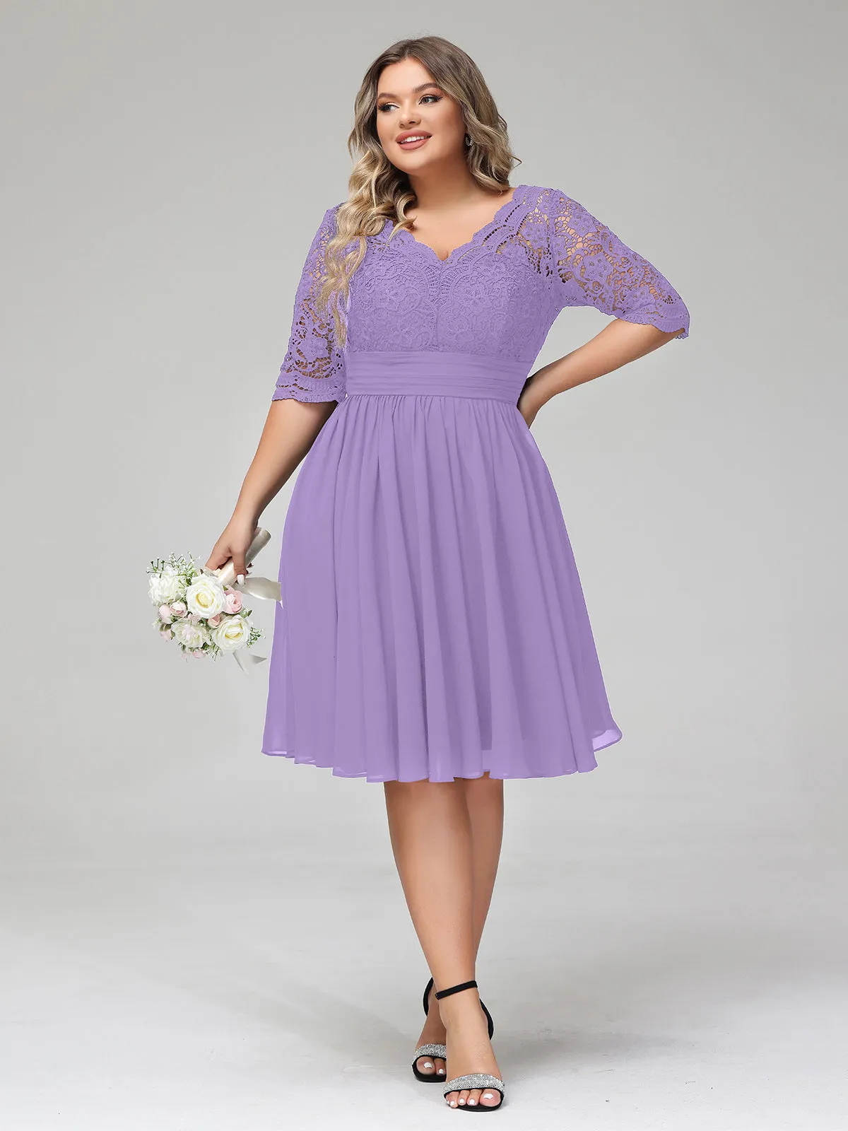 Lace and Chiffon Short Dress with Half Sleeves Tahiti