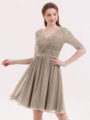 Lace and Chiffon Short Dress with Half Sleeves Taupe