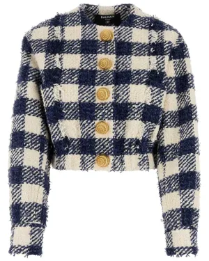 Marine and Blanc Plaid Tweed Crop Bomber Jacket