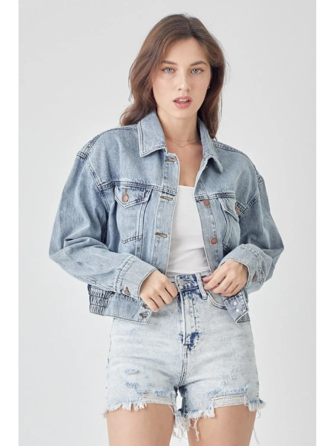 NicholesGifts Women Full Size Risen Button Down Cropped Denim Jacket