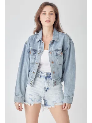 NicholesGifts Women Full Size Risen Button Down Cropped Denim Jacket