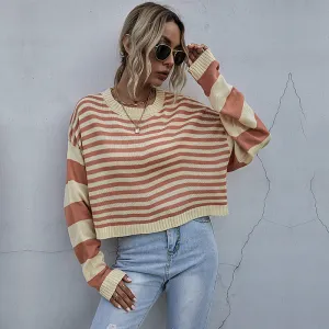 Orange Short Color Clash Striped Sweater Wholesale Women Clothing