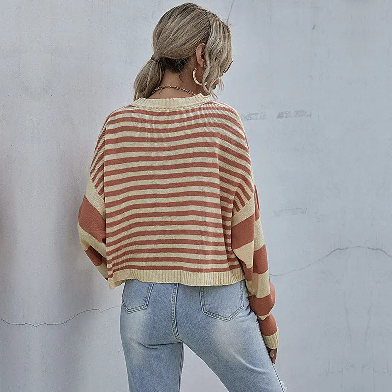 Orange Short Color Clash Striped Sweater Wholesale Women Clothing