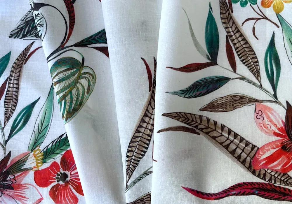 Passion Flowers, Snake Plants & Tropical Blooms on Bright White Linen-Cotton (Made in Italy)