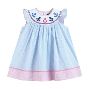 Pink and Blue Striped Smocked Bishop Dress with Anchor Embroidery