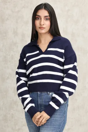 STRIPED KNIT POLO SWEATER-NAVY