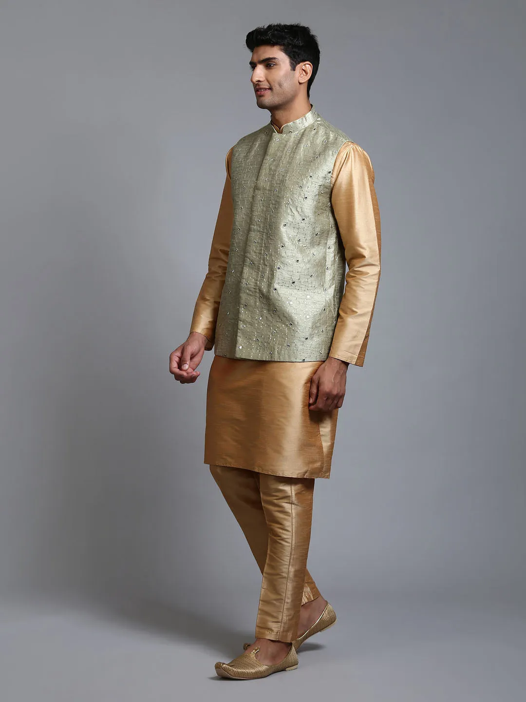 VASTRAMAY Men's Mehndi Green Mirror Jacket Kurta