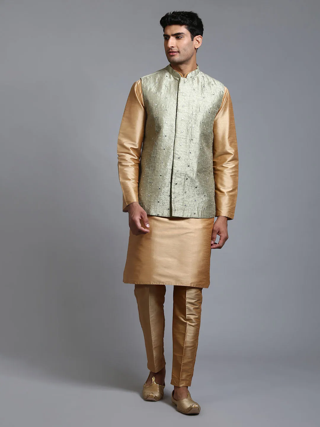 VASTRAMAY Men's Mehndi Green Mirror Jacket Kurta