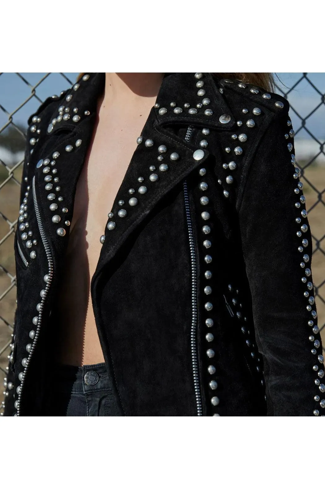 Women's Style Silver Studded Black Suede Leather Jacket