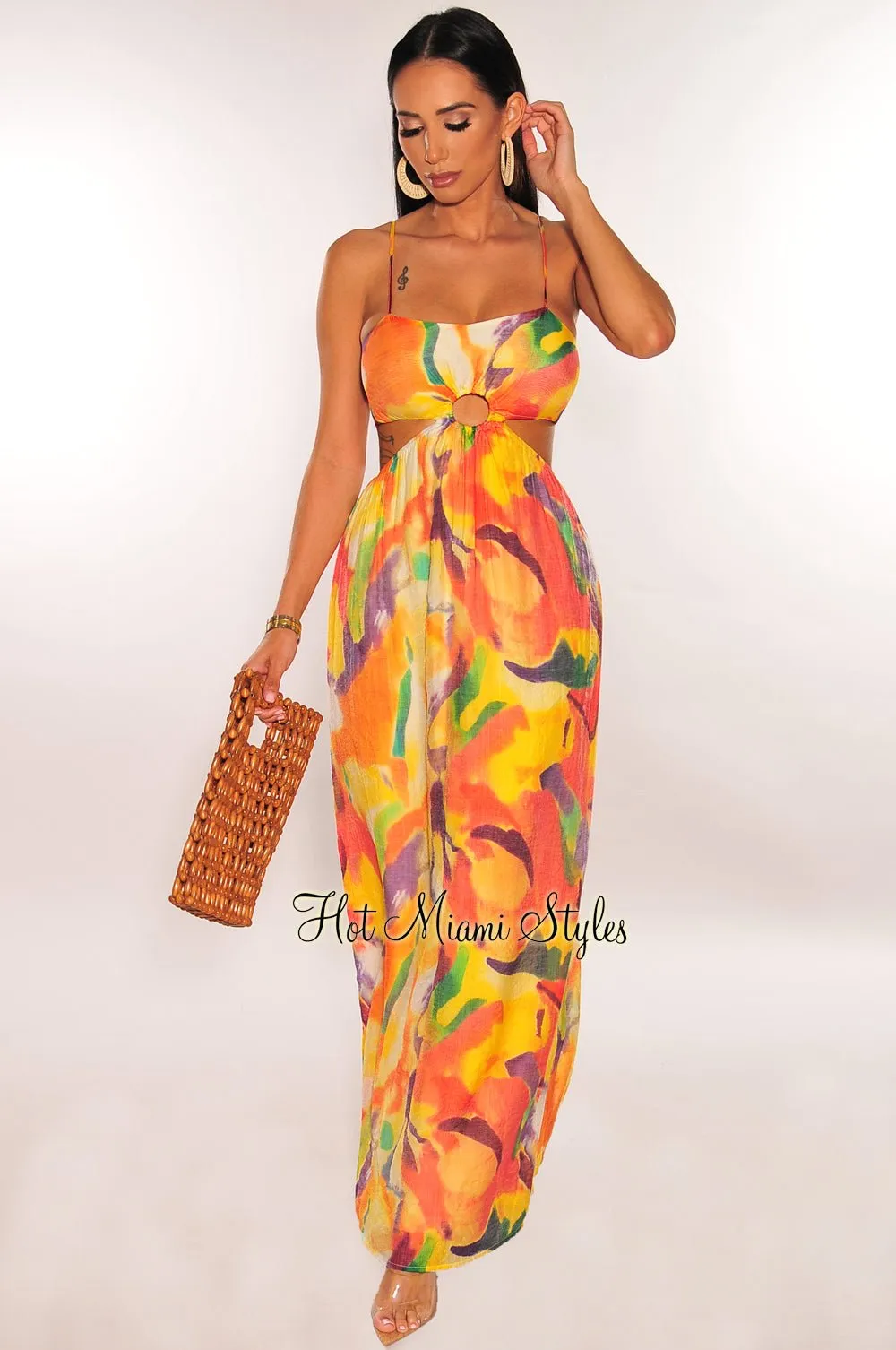 Yellow Watercolor Print O Ring Cut Out Maxi Dress